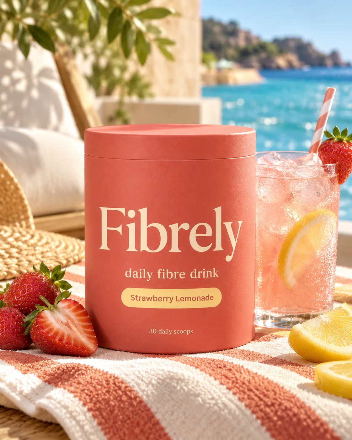 Fibrely Strawberry Lemonade tub on a striped beach towel beside a glass of iced lemonade, fresh strawberries and lemon